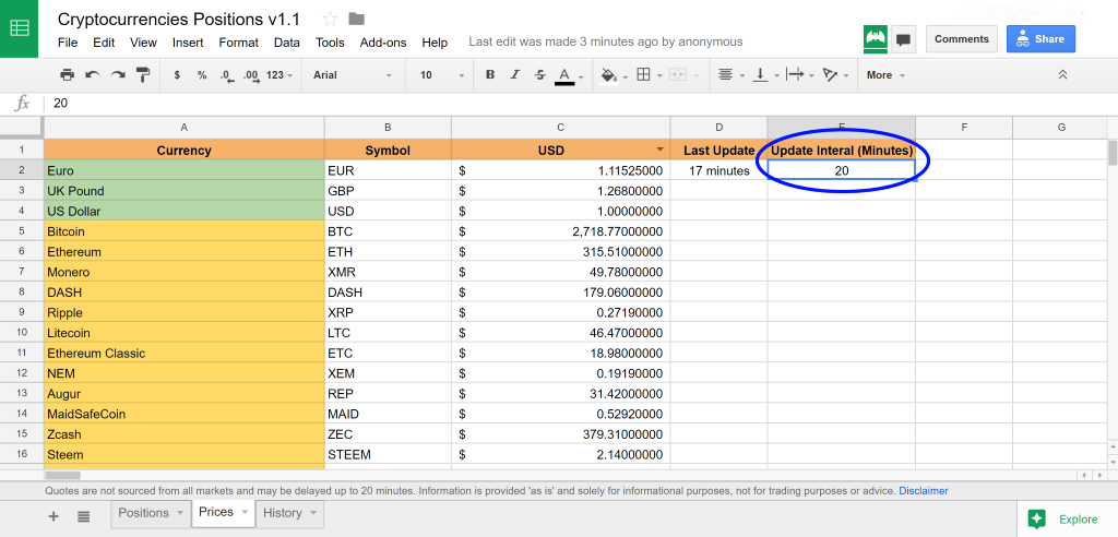 crytpcurrencies position spreadsheet