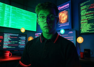 auditor in 2025 reviewing decentralized finance contracts, with code on screens