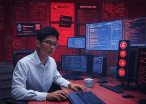 Male blockchain auditor monitors smart contract vulnerabilities