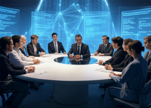Business leaders at a digital roundtable, representing and DAO governance