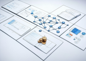 Blockchain governance diagram with tokens, finance charts, and decentralized network structure