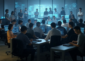 DAO developers working at screens while others observe, symbolizing power imbalance in governance