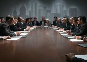Traditional power figures at a boardroom table, echoing centralized control