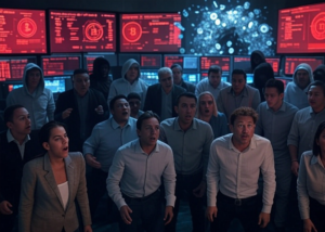Crowd reacting to governance disruption on blockchain screens, questioning who really controls Web3 systems