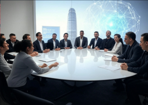 Decision-makers around a tech roundtable, symbolizing hidden power in decentralized Web3 governance